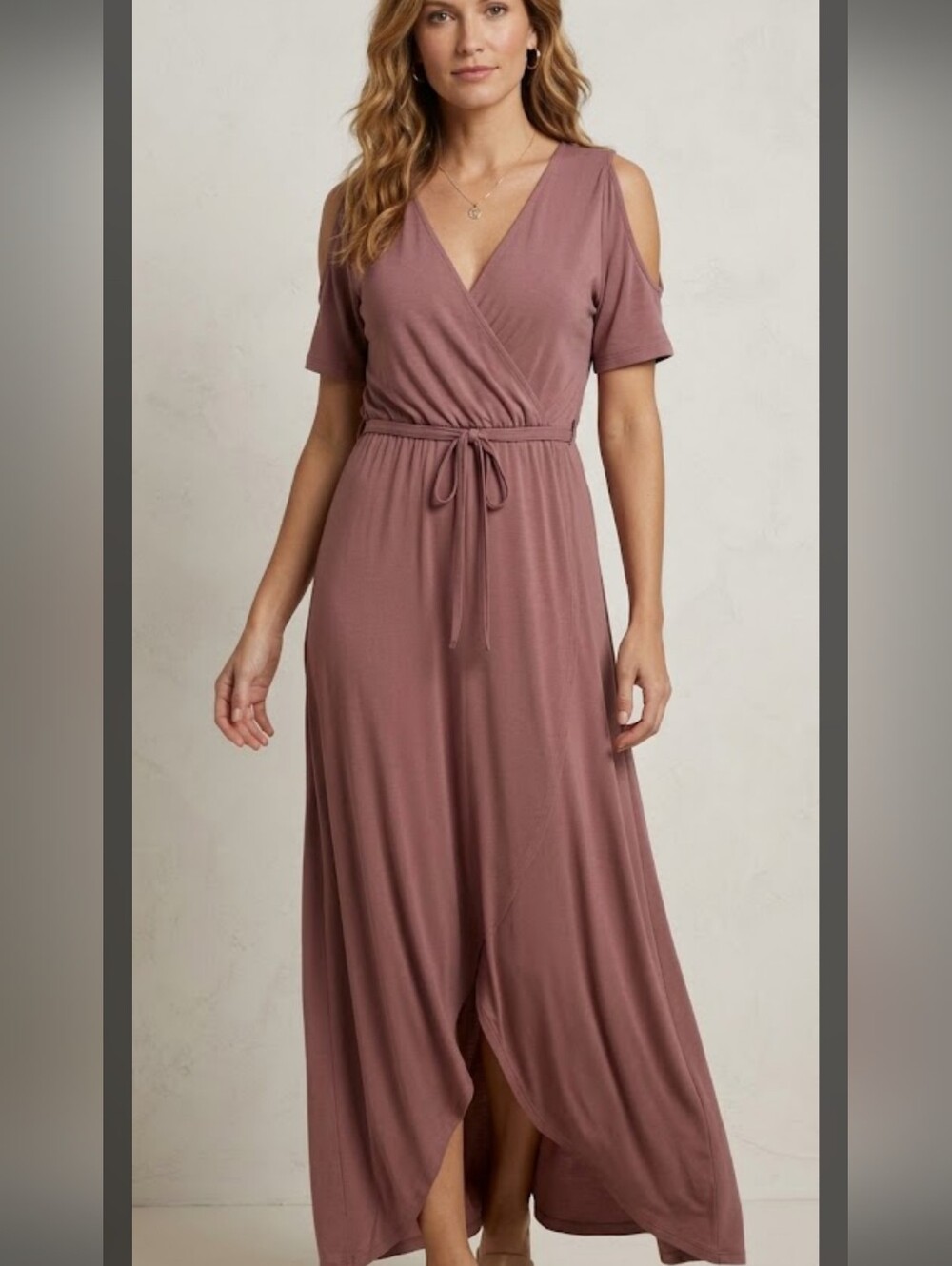 Cato Cold Shoulder Maxi Dress Faux Wrap V-Neckline Tulip-Style Hi-low Hem Sz Med